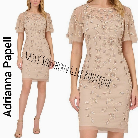 🆕⭐ Adrianna Papell Latte Sequin Mesh Overlay Dress